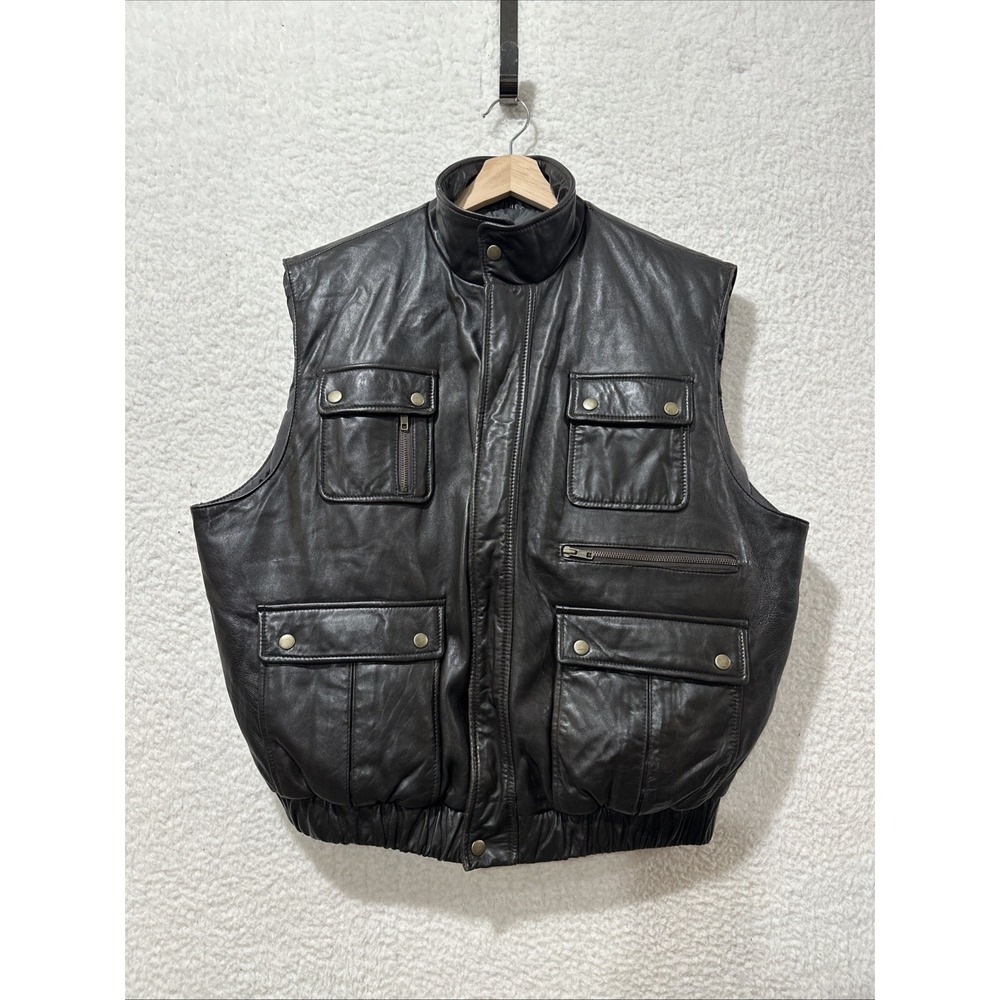 Cabela's Vintage Leather Premier Northern Goose Down Vest‎ Puffy Puffer Biker L